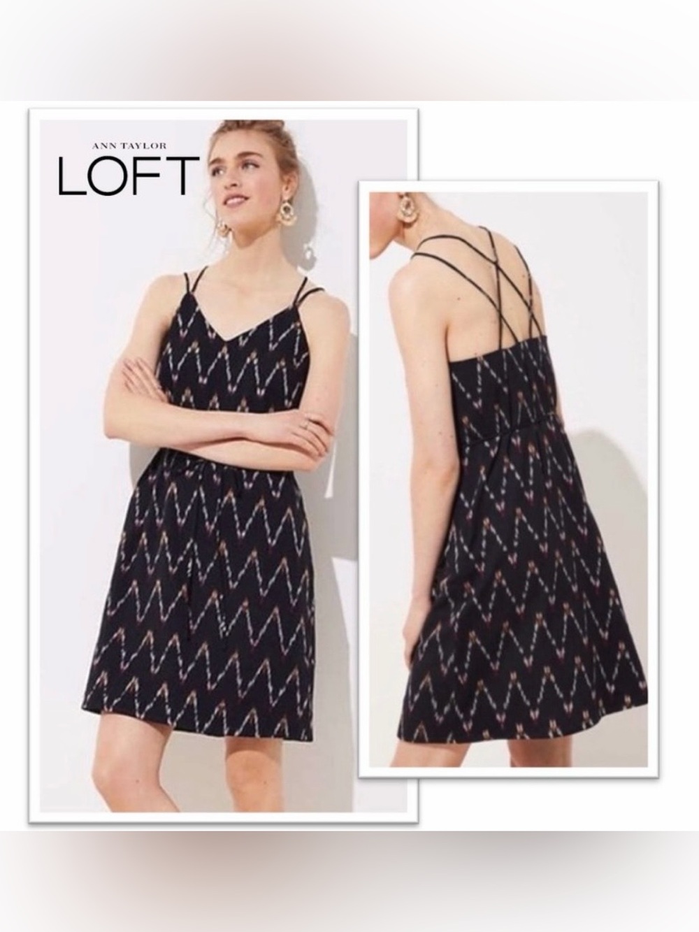 LOFT Black Chevron Strappy Tie-Waist Cami Dress Size 00P
